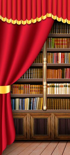 a red curtain is open in front of a bookshelf