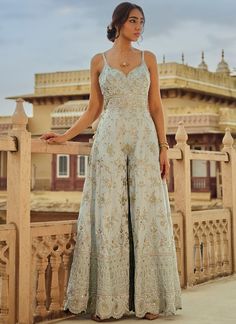 Grey Embroidered Silk Jumpsuit – Lashkaraa Indian Jumpsuit Outfit, Indian Jumpsuit, Gharara Suits, Engagement Lehenga, Half Saree Lehenga, Celebrity Closet, Cocktail Night, Silk Jumpsuit, Casual Saree