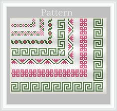 a cross stitch pattern with pink and green designs