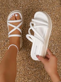 Women Crossover Strap Flatform Slide Sandals, Fashion Summer SandalsI discovered amazing products on SHEIN.com, come check them out! Girly Shoes Casual, White Sandals Outfit Casual, White Sandals For Summer, White Sandal, White Platform Sandals, Shein Shoes, Pretty Sandals, Sandals Cute, Pretty Shoes Sneakers