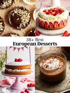 the collage shows different desserts, including strawberries and chocolate cake with whipped cream on top