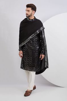 Black kurta with threadwork foliage and stripe  motifs, embellished by mirrorwork. Comes with matching dupatta. - Aza Fashions Traditional Straight Kurta With Mirror Work For Reception, Bollywood Style Kurta With Mirror Work For Designer Wear, Bollywood Style Kurta With Mirror Work For Reception, Designer Cotton Silk Bandhgala With Dupatta, Festive Cotton Silk Sherwani With Dupatta, Designer Traditional Wear Mirror Work Straight Kurta, Festive Salwar Kameez With Mirror Work And Traditional Drape, Festive Salwar Kameez With Mirror Work, Festival Kurta With Mirror Work For Reception