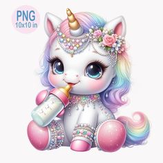 a cute little unicorn holding a baby bottle