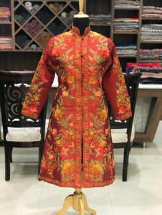 Jacket, Long Jacket, Embroidered Jacket for Woman, Kashmiri Jacket, Red Kashmir Jacket, Embroidery, Trouser Dress, Jacket Embroidery, Embroidered Coat, Aari Embroidery, Body Measurement, Red Embroidery, Fall Clothing, Silk Jacket, Red Coat