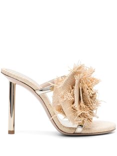 beige/gold-tone raffia interwoven design floral appliqué round open toe open back branded leather insole 112mm high heel slip-on style Luxury Spring Mules With Sculpted Heel, Elegant Beige Straw Sandals, Elegant Flats With Woven Sole, Elegant Open Heel Straw Sandals, Elegant Formal Mules With Woven Sole, Luxury Gold Mules For Spring, Chic Beige Straw Mules, Designer Heels With Woven Sole For Spring, Luxury Beige Mules For Evening