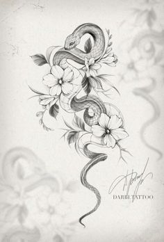 a snake and flowers tattoo design