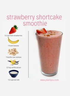 a strawberry shortcake smoothie is in a glass