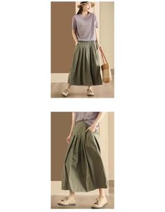 Elastic Waist Loose Casual Wide Leg Pants Skirts — Obiono High Waist Khaki Skirt For Spring, Baggy Lined Skirt For Summer, Summer Baggy Pleated Bottoms, High Waist Khaki Skirt For Summer, Casual Long Cotton Pleated Skirt, Casual Khaki Lined Skirt Bottoms, Casual Wide-leg Pleated Skirt, Relaxed Fit Khaki Skirt For Spring, Casual Pleated Wide-leg Skirt