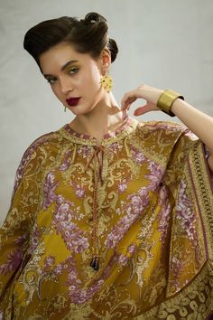 Yellow silk kaftan top with floral print. - Aza Fashions Silk Cape Kaftan, Elegant Floral Print Festive Kaftan, Elegant Floral Print Kaftan For Eid, Elegant Floral Print Kaftan For Festive Occasions, Elegant Floral Print Blouse For Eid, Silk Kaftan With Printed Motifs For Wedding, Silk Kaftan With Dupatta, Designer Floral Print Kaftan For Eid, Elegant Kaftan With Printed Motifs And Kimono Sleeves