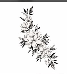 a black and white drawing of flowers with leaves on the bottom half of their petals