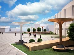 an artist's rendering of a courtyard with benches and trees