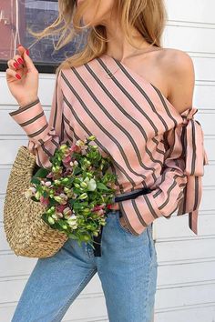 Details: Material: Polyester Style: Elegant, Fashion Pattern Type: Striped Element: Patchwork, Strap Design Neckline: Oblique Collar Sleeve Style: Off The Shoulder Sleeve Length: Long Sleeve Closed Type: Pullover Type: Full Print Size(in) Length Bust Sleeve Length S 24.4 40.9 22.4 M 24.8 42.5 22.8 L 25.2 44.1 23.2 XL 25.6 45.7 23.6 Tips:Due to the many variations in monitors, the color in the image could look slightly different, please take physical design and color shall prevail.Please allow 0.4"-1" differs due to manual measurement. Chiffon Fashion, Collar Top, Collar Blouse, Fashion Pattern, One Shoulder Tops, Love Is Free, Mandarin Collar, Shoulder Sleeve, Elegant Fashion