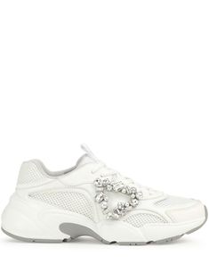 white calf leather panelled design mesh panelling crystal embellishment faux-pearl embellishment pull-tab at the tongue round toe front lace-up fastening branded insole chunky rubber lug sole White Embellished Lace-up Sneakers, Designer White Mesh Sneakers, White Designer Mesh Sneakers, Luxury Embellished Lace-up Sneakers, Luxury White Chunky Sneakers, Leather Low-top Sneakers With Rhinestones, Luxury Leather Sneakers With Rhinestones, Embellished Leather Lace-up Sneakers, Embellished Lace-up Synthetic Sneakers