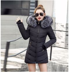 This puffer coat will keep you looking stylish and chic in the cold. Featuring a detachable hood and fur collar, so you can switch up your winter wear look. Built in gloves keep your hands warm. Made with a polyester shell and stuffed with a heavy cotton blend. Comes in four fabulous colors from which to choose. Casual Coats For Women, Winter Jackets Women Parka, Slim Bodycon Dress, Winter Jacket Women, Snow Wear, Long Parka, Women Overcoat, Womens Winter, Basic Jackets