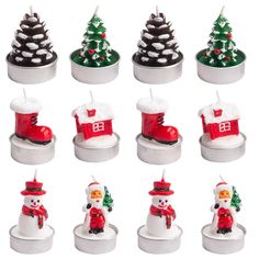 twelve christmas candles with snowmen and trees on them, all decorated in different colors