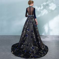 Chic / Beautiful Royal Blue Pierced Evening Dresses 2018 A-Line / Princess High Neck 3/4 Sleeve Printing Flower Crystal Sash Chapel Train Formal Dresses Flower Crystal, Chapel Train, Evening Party, Royal Blue, Formal Dresses Long, Evening Dresses, High Neck, A Line, Train