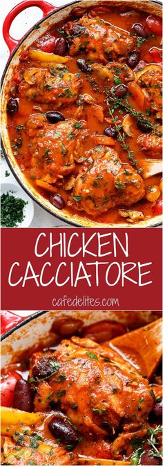 chicken cacciatore with tomatoes and olives in a red pan