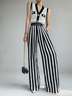 Spring Striped High-waisted Wide Leg Pants, Chic High Waist Vertical Stripes Wide Leg Pants, Chic High Waist Wide Leg Pants With Vertical Stripes, Summer Pants With Contrast Stripes, Trendy Striped Wide Leg Pants For Spring, Chic Summer Pants With Contrast Stripes, Chic Striped Bottoms, Chic Striped High Waist Wide Leg Pants, Summer Workwear Bottoms With Striped Hem