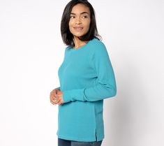 Crafted in cozy baby waffle knit, this top features a round neck and long sleeves with cuffs, making it perfect for layering or wearing on its own. Side vents add a touch of flair and ease of movement. From Belle by Kim Gravel. Sleeves With Cuffs, Kim Gravel, Layered Tops, Waffle Knit, Layering, Round Neck, Top Blouse, Long Sleeves, Tops & Tees