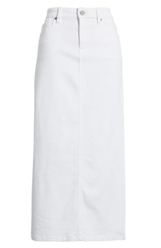 A side slit lets you stride smoothly through your day in this stretch-kissed denim skirt cut to an on-trend midi length. 36" length Zip fly with button closure Five-pocket style Side slit 92% cotton, 5% polyester, 3% spandex Machine wash, tumble dry Imported White Denim Midi Skirt, White Denim Skirt Outfit, White Denim Dress, Wag Dr, White Jean Skirt, Midi Denim Skirt, White Long Skirt, White Midi Skirt, Denim Skirt Outfits