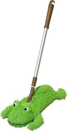 a green mop with a brown handle on it's head and an umbrella sticking out of the top