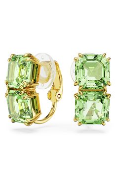 Set off everyday ensembles with these verdant crystal clip-on earrings. 5/8"W x 1/4"L Goldtone plate/Swarovski crystal Imported Dinny Hall Earrings, Luxury Glass Jewelry, Fine Jewelry Earrings Studs, Colored Earrings Wedding, Tracy Glocheski Jewelry, Fine Jewelry Sales, Square Crystal Jewelry, Precious Gems Earrings, Gem Stones Earrings