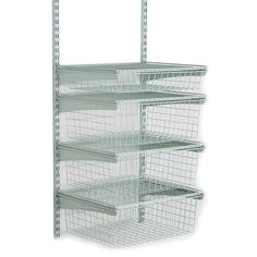 three shelves with wire baskets on each shelf