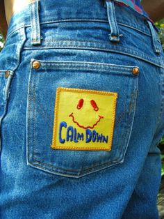 Vintage Wrangler Denim Jeans with Trippy Vintage 70s CALM DOWN Patch Size 35w x 33L Iron On Patch Ideas Clothes, Arcade Fashion, Trippy Vintage, Jeans Refashion, 5 Pocket Jeans, Jean Pockets, Denim Pocket, Vintage Patches, Embroidery On Clothes