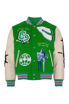 100% wool body letterman jacket with chenille patches and PU tan leather sleeves. Green Letterman Jacket, Senior Jackets, Chenille Patches, Varsity Letterman Jackets, Guys Clothing Styles, Leather Sleeves, Letterman Jacket, Streetwear Men Outfits, Leather Sleeve