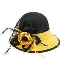 The perfect hat for your outdoor activities, you'll be protected from the sun in style. Size: One Size.  Color: Multicolor.  Gender: female.  Age Group: adult. Vintage Black Bucket Hat For Summer, Vintage Black Brimmed Sun Hat, Yellow Fedora Sun Hat For Kentucky Derby, Kentucky Derby Yellow Fedora Sun Hat, Yellow Mini Hat With Short Brim For Kentucky Derby, Yellow Outdoor Hat For Spring, Yellow Hat For Kentucky Derby, Yellow Spring Outdoor Hat, Yellow Adjustable Costume Hats For Kentucky Derby