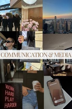 the collage shows people and their cell phones in different pictures, including text that reads communication & media