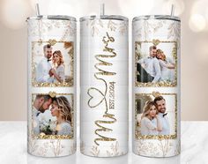 two personalized can coolers with photos on the front and back, one is gold