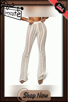 White Hollow-out Crochet Beach Pants White Non-stretch Pants For Beach, Chic Non-stretch Pants For Beach Season, Bohemian Fitted Bottoms For Vacation, Fitted Bohemian Bottoms For Vacation, Beige High Waist Pants For Beach Season, Beige Summer Pants For Beach Season, Chic White Bottoms For Vacation, White Beach Pants For Vacation, Chic White Vacation Bottoms