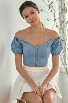 off the shoulder denim zip up crop top-Tops-Short Sleeve-Blue Blush-Light Wash-IBT06262-RK Collections Boutique Zip Up Crop Top, Sassy Shortcake, Plus Size Crop Tops, Yellow Floral Top, Beautiful Neck, Denim Fashion Women, Satin Crop Top, Estilo Hippie