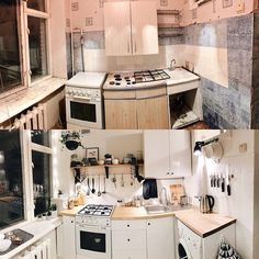 an aerial view of a kitchen with lots of counter space and appliances on the wall