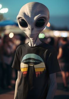 an alien is standing in front of a group of people wearing t - shirts with the image of a spaceship on it