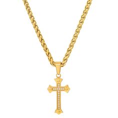 Men's 18k gold plated stainless steel and simulated diamonds cross pendant Hello Kitty Gifts, Figaro Chain Necklace, Bff Necklaces, Sister Necklace, Diamond Cross Pendants, Cat Pendants, Diamond Cross, Accessories Jewelry Necklace, Mens Gold