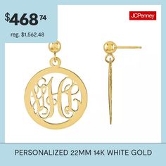 Personalized initials in a gorgeous script font make these round monogram earrings a one-of-a-kind keepsake. Personalize with three initials; second initial will be in the center and enlarged.Features: Monogrammable, PersonalizedEarring Back: PostMetal Color: YellowEarring Length: 23mmEarring Width: 16mmMetal: 14k GoldEarrings Style: Drop EarringsAssembled in the US from Imported Materials Round Monogram, Monogram Earrings, Gold Monogram, Earrings Drop, Personalized Initials, Circle Earrings, Script Font, Initials, Monogram