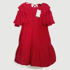 Who What Wear Bell Sleeve Silky Ruffle Dress Nwt, Size Xs. Length: 33" Pit To Pit: 18" Red Ruffle Hem Dress With Ruffle Sleeves, Red Dress With Ruffle Hem And Ruffle Sleeves, Red Dress With Ruffle Hem And Sleeves, Red Dresses With Ruffle Hem And Ruffle Sleeve, Red Flutter Sleeve Summer Dress, Red Ruffle Sleeve Summer Dress, Red Ruffle Dress With Ruffle Hem For Spring, Red Tiered Ruffle Dress For Spring, Red Short Sleeve Mini Dress With Ruffles