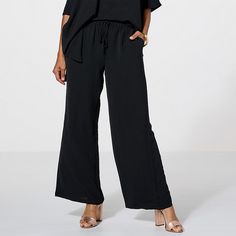 Nina Leonard Wave Textured Wide Leg Pant  This functional wide-leg pant makes the perfect go-to piece for days that don't require a stuffy dress code, made with a lightweight fabric that's cool and comfortable. Versatile Wide Leg Spring Dress Pants, Spring Wide Leg Versatile Dress Pants, Spring Wide Leg Dress Pants, Versatile Wide-leg Spring Dress Pants, Spring Wide-leg Dress Pants With Elastic Waistband, Black Wide Leg Pants For Relaxed Day Out, Black Relaxed Fit Wide Leg Pants For Day Out, Versatile Wide-leg Summer Dress Pants, Black Wide-leg Dress Pants For Summer