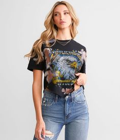 Affliction American Customs Eagle '73 Tour Cropped T-Shirt - Black Large, Women's Pixiwash Graphic washed t-shirt Hanky hem Bust measures 35 on size small Body length 18 1/2 on size small. 100% Cotton. Machine wash cold with like colors. Do not bleach. Tumble dry low. Do not iron. Do not dry clean.. Measurements: Bust -Fullest part of bust with arms at sides. Waist -Circumference of natural waist: above belly button below rib cage. Hips -Standing with feet together fullest part of hips. WOMEN'S Faded Crew Neck T-shirt Band Merch, Vintage Short Sleeve Top With Sublimation Print, Spring Streetwear Faded Tops, Grunge Short Sleeve Tops With Sublimation Print, Faded Relaxed Fit Short Sleeve Tops, Edgy Faded Short Sleeve T-shirt, Faded Short Sleeve Tops With Relaxed Fit, Edgy Soft-washed Tops For Spring, Faded Band Merch T-shirt For Streetwear