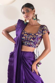 Purple pre-draped saree. Paired with a blouse with resham, suta hand embroidery in floral pattern. - Aza Fashions Designer Silk Pre-draped Saree With Padded Blouse, Bollywood Style Pre-draped Saree With Padded Blouse, Purple Traditional Drape Blouse For Reception, Traditional Drape Purple Blouse For Reception, Silk Sets With Draped Sleeves In Traditional Drape, Fitted Silk Pre-draped Saree For Navratri, Silk Sets With Draped Sleeves For Festive Occasions, Festive Diwali Sets With Draped Sleeves, Designer Saree With Padded Blouse In Traditional Drape