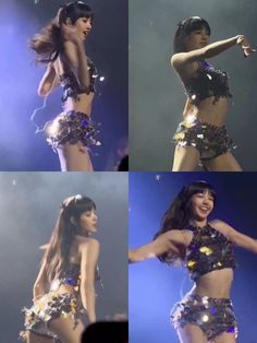 four pictures of the same woman in sequins on stage, one is dancing