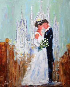 a painting of a bride and groom in front of a cathedral