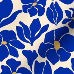 a blue and white flower print fabric with gold dots on the bottom half of it