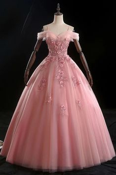 Pink Ball Gown Off Shoulder Prom with Flowers Floor Length Applique Quinceanera Dress Pink Princess Prom Dress, Prom Dress With Flowers, Fanfic Outfits, Ball Gown Off Shoulder, Off Shoulder Prom Dress, Gown Off Shoulder, Quincenera Dresses, Pink Sweet 16, Fancy Stuff