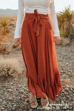 Olivia Mark - High Waist Irregular Patchwork Casual Skirt with Bamboo Cotton Tie and Elastic Band Terracotta Linen, Casual Maxi Skirt, Skirt With Elastic Waistband, Linen Skirt, Brick Red, Casual Skirt, Ruffle Skirt, Types Of Skirts, Modest Outfits