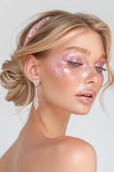 Pink Shades Makeup, Light Shimmer Makeup, Shimmer Makeup Look Sparkle, Full Face Glitter Makeup, Glitter Fantasy Makeup, Pink Toned Makeup, Glitter Makeup Pink, Pink Creative Makeup, Pink Glitter Eyeshadow Looks