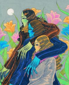 a drawing of two women hugging each other in front of colorful flowers and moon behind them