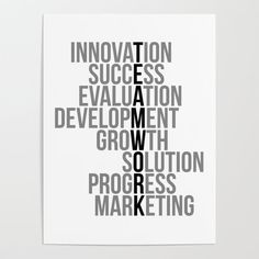 a white poster with the words innovation, success and development written in black on it